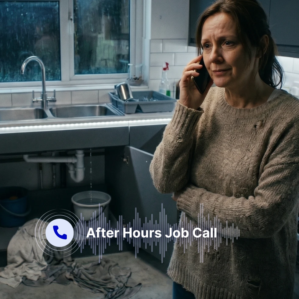 Woman in a beige sweater standing in a kitchen at night, concerned while holding a phone to her ear with rain visible through the window behind her. Overlaid phone icon with sound wave graphic and white text reading "After Hours Job Call."