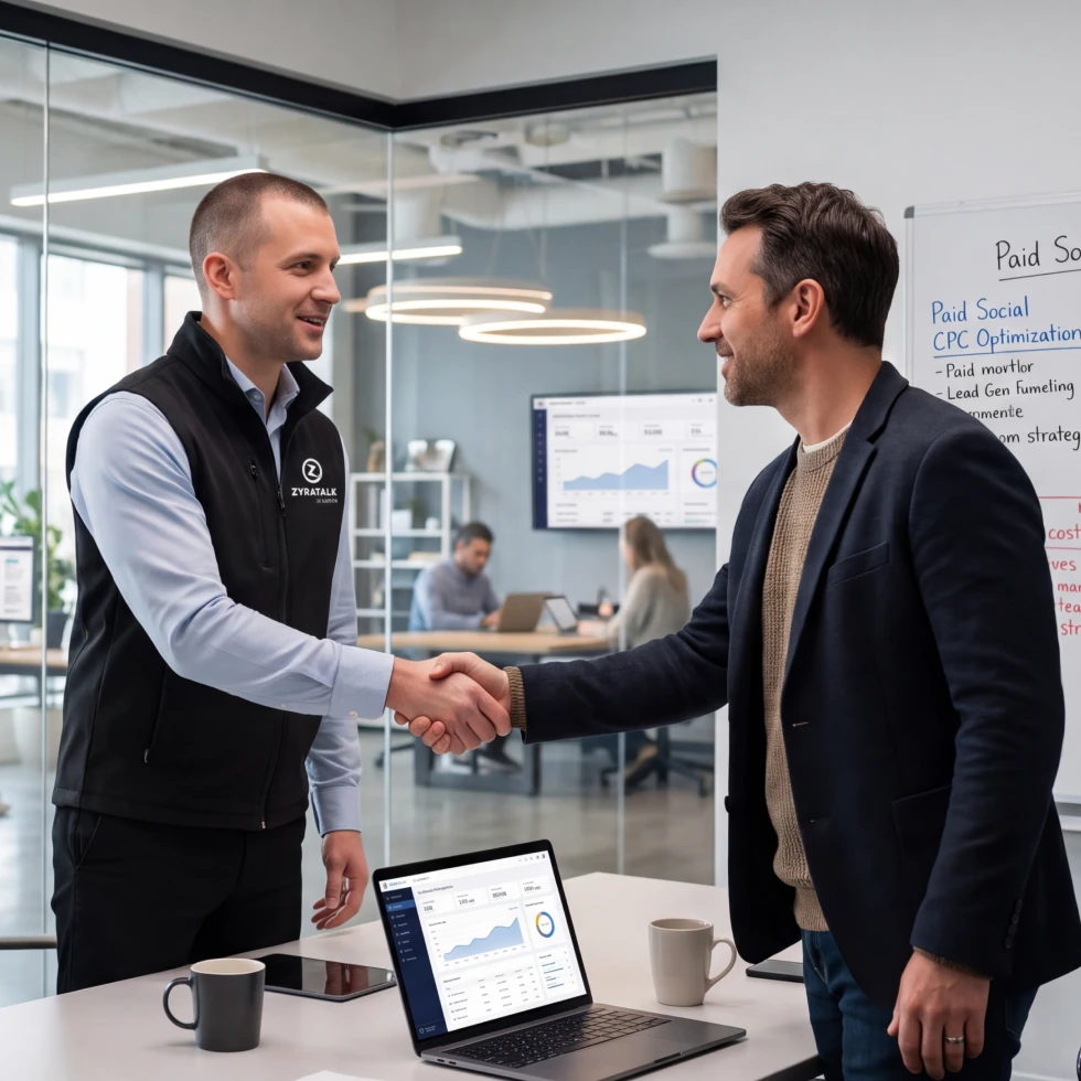 A ZyraTalk team member in a branded vest shaking hands with an agency partner in an office, with a laptop showing performance analytics and a whiteboard of paid social strategy in the background.