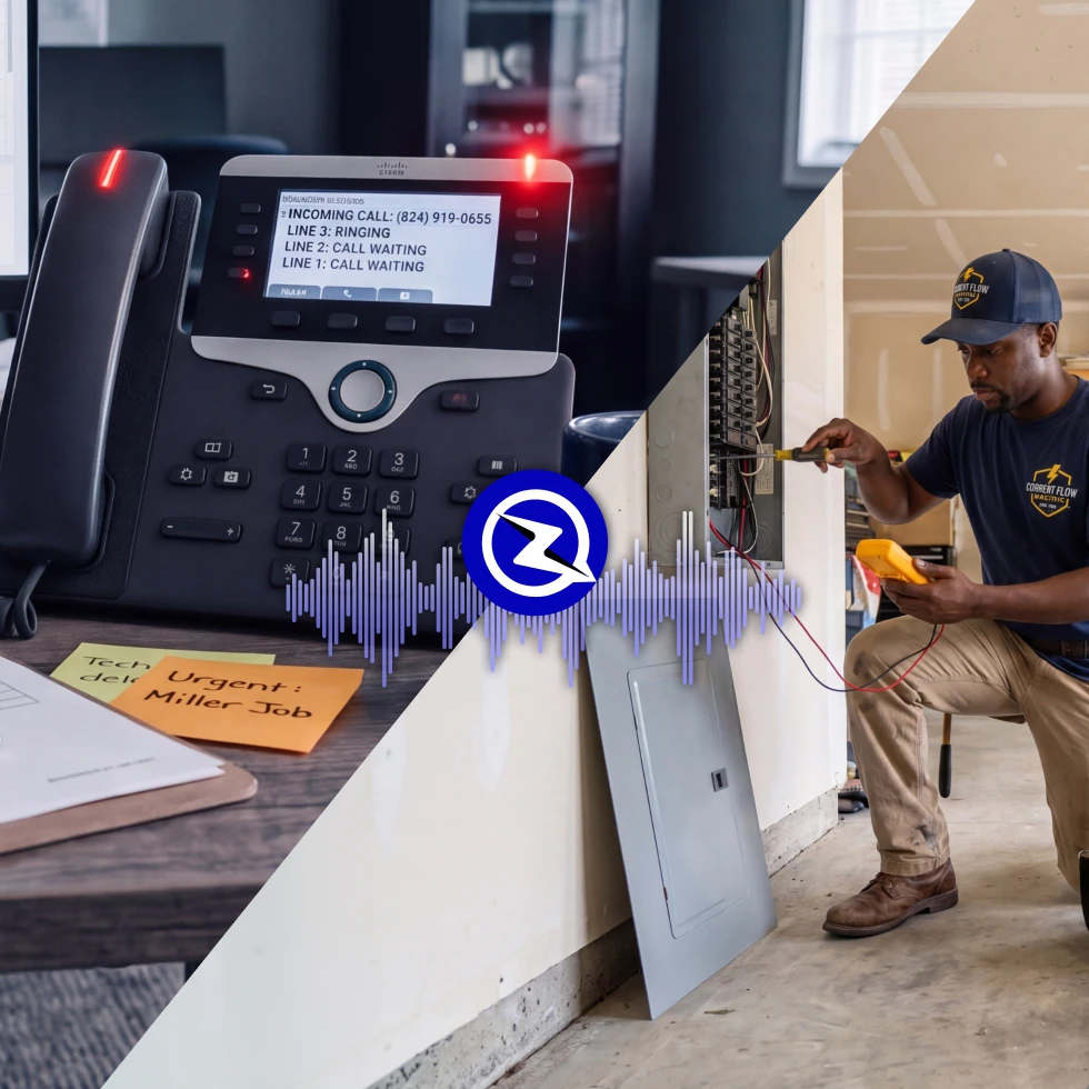 Split image: an office phone with three lines ringing and waiting next to an "Urgent: Miller Job" sticky note, and an electrician testing a breaker panel with a multimeter, connected by the ZyraTalk logo and a voice waveform.
