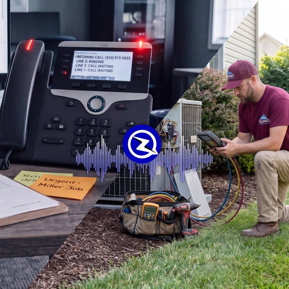 Split image: an office phone with three lines ringing and waiting next to an "Urgent: Miller Job" sticky note, and an HVAC technician diagnosing an outdoor condenser unit, connected by the ZyraTalk logo and a voice waveform.