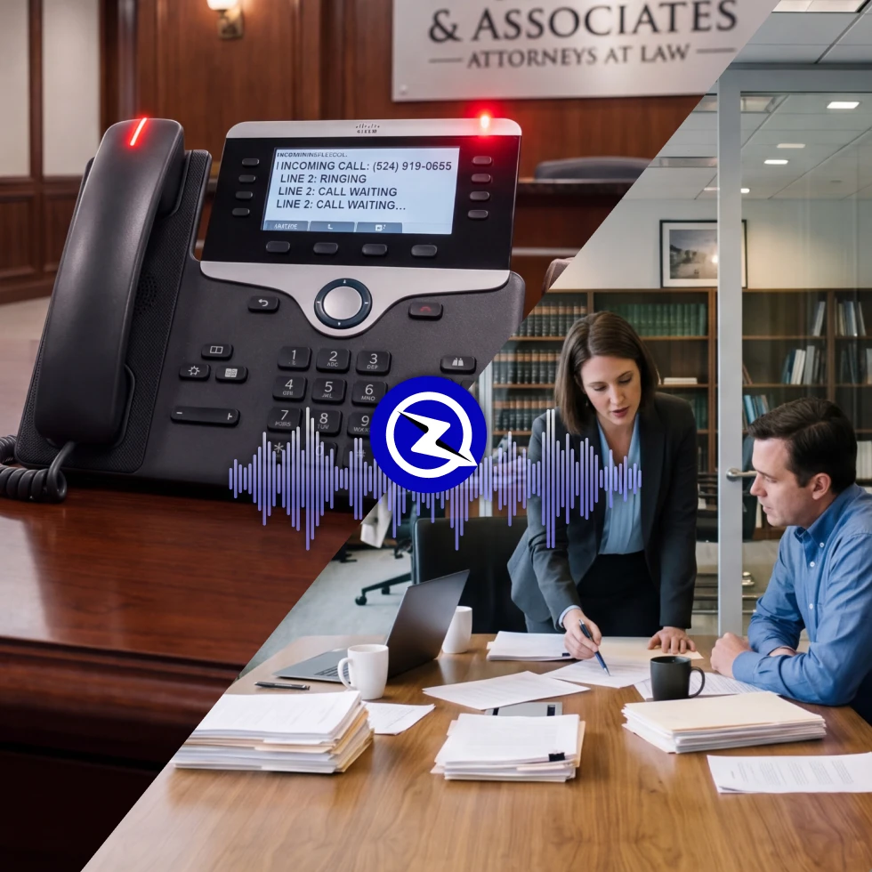 Split image: a law firm office phone with multiple lines ringing and waiting, and an attorney reviewing case documents with a colleague in a conference room, connected by the ZyraTalk logo and a voice waveform.