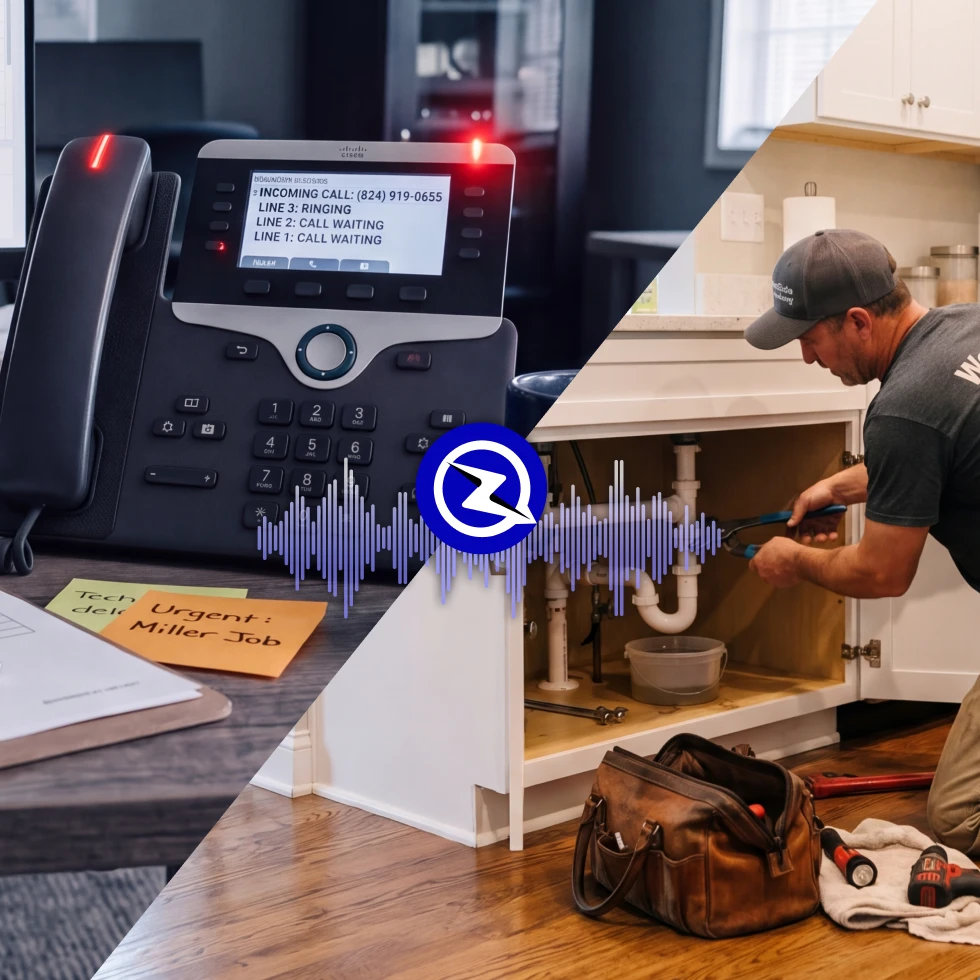 Split image: an office phone with three lines ringing and waiting next to an "Urgent: Miller Job" sticky note, and a plumber repairing pipes under a kitchen sink, connected by the ZyraTalk logo and a voice waveform.