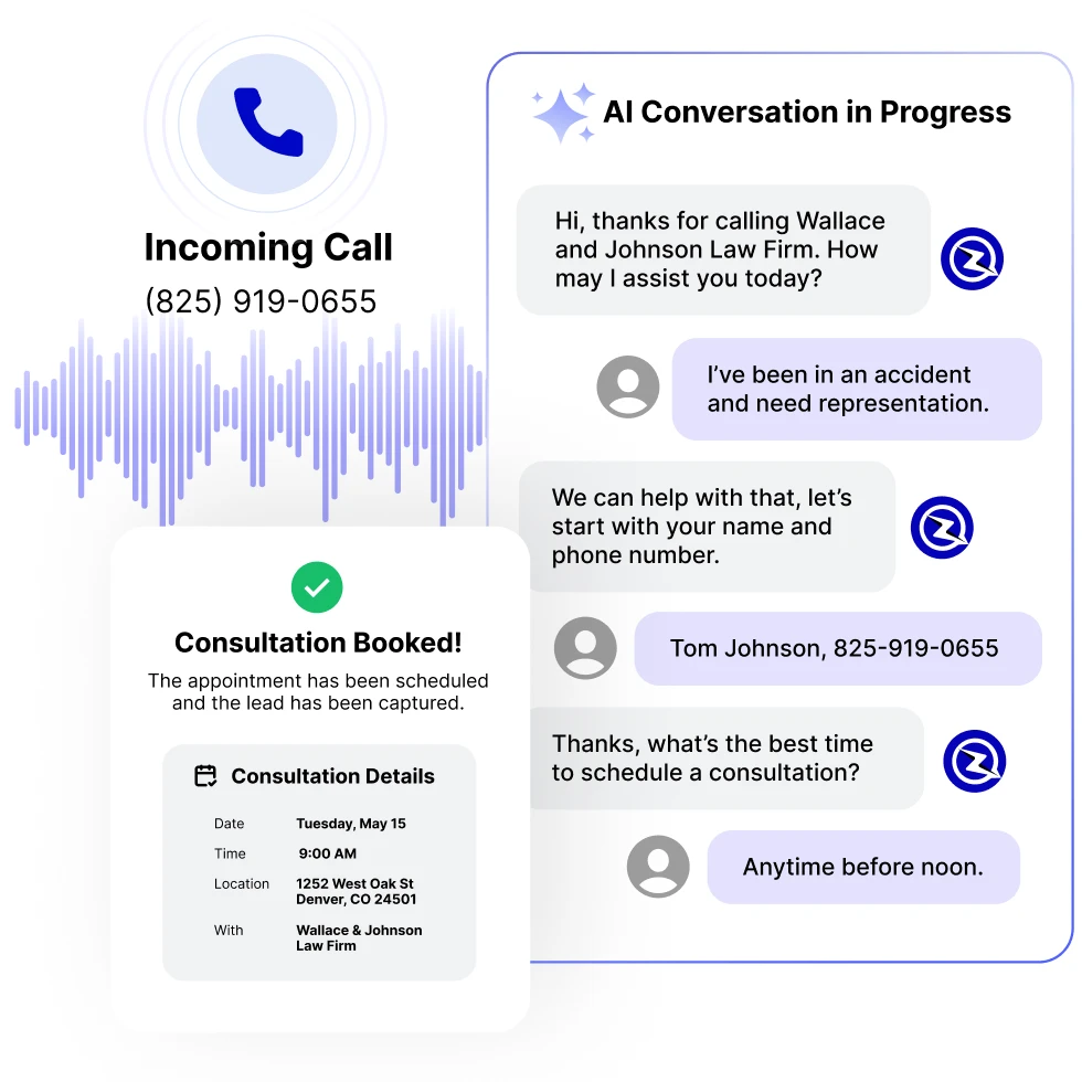 Call transcript where ZyraTalk answers for Wallace and Johnson Law Firm, captures a new accident case with the caller's name and contact info, and books a consultation for Tuesday, May 15 at 9:00 AM.