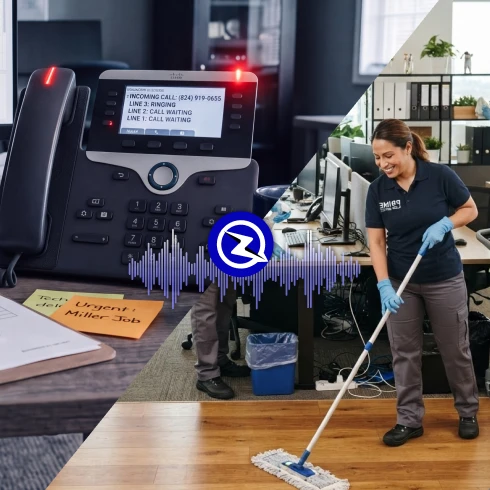 Split image: a ringing office phone with multiple calls waiting on the left, and a cleaning professional mopping a hardwood office floor on the right, connected by a ZyraTalk waveform