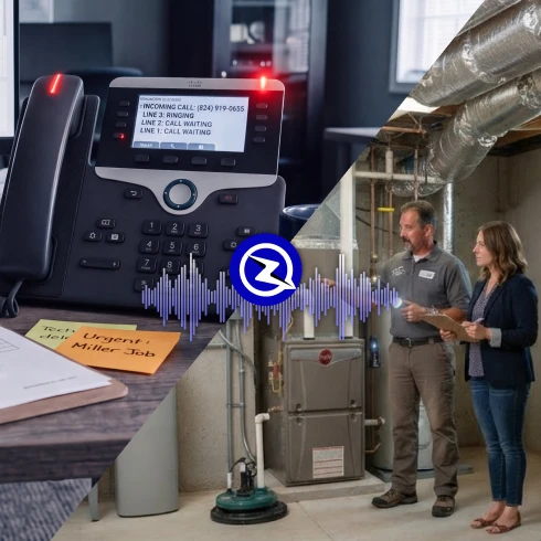 Split image: a ringing office phone with multiple calls waiting on the left, and a home inspector examining a furnace with a client on the right, connected by a ZyraTalk waveform