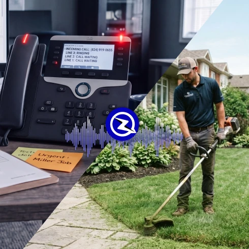 Split image: a ringing office phone with multiple calls waiting on the left, and a landscaper using a string trimmer along a residential lawn on the right, connected by a ZyraTalk waveform