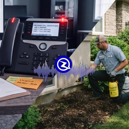 Split image: a ringing office phone with multiple calls waiting on the left, and a pest control technician spraying along a home's exterior on the right, connected by a ZyraTalk waveform