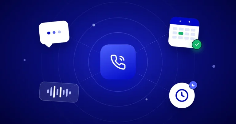 Illustration of an AI answering service handling calls, chats and bookings around the clock