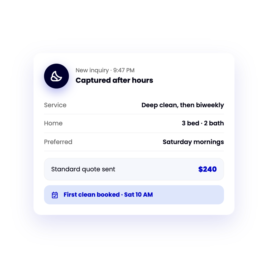a 9:47 PM inquiry with home details, a $240 quote sent and the first clean booked.