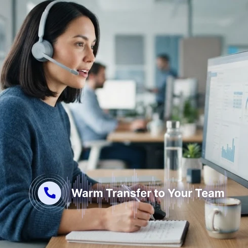 Customer service rep wearing a headset taking a warm transfer from an AI CSR, with a "Warm Transfer to Your Team" label
