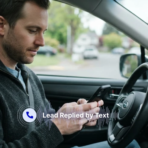 A man sits in the driver’s seat of a vehicle looking down at his smartphone, with a residential street visible through the windshield. An overlay with a phone icon reads “Lead Replied by Text.”