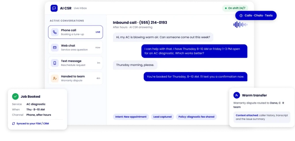 AI CSR live inbox answering an after-hours HVAC call, booking an AC diagnostic appointment and syncing the job to the FSM