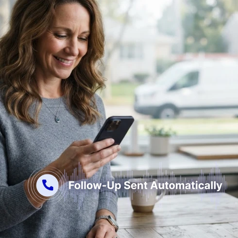 A smiling woman with wavy brown hair sits at a wooden table looking at her smartphone, with a white work van visible through the window behind her. An overlay with a phone icon reads “Follow-Up Sent Automatically.”