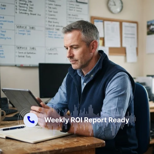 A contractor in a blue vest reviews a tablet in his office in front of a whiteboard listing service jobs, with a notification reading ‘Weekly ROI Report Ready.’