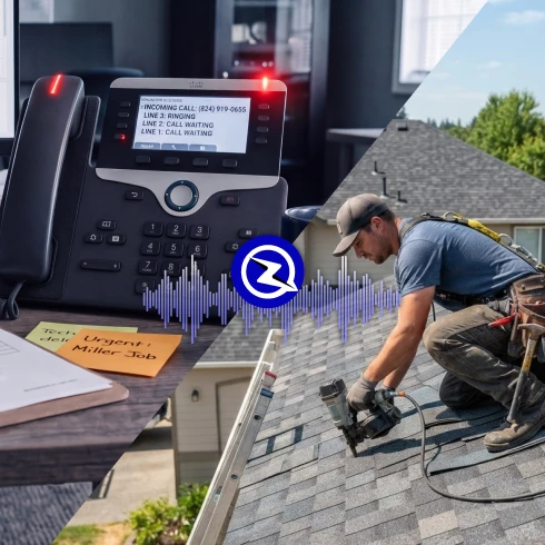 Split image: a ringing office phone with multiple calls waiting on the left, and a roofer in a safety harness nailing shingles on a residential roof on the right, connected by a ZyraTalk waveform