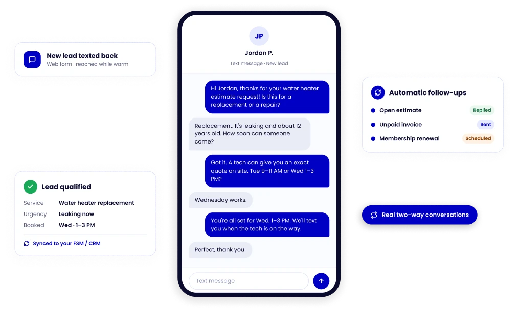 Two-way AI text conversation qualifies a water heater lead, books an appointment, and syncs to the CRM with automatic follow-ups.